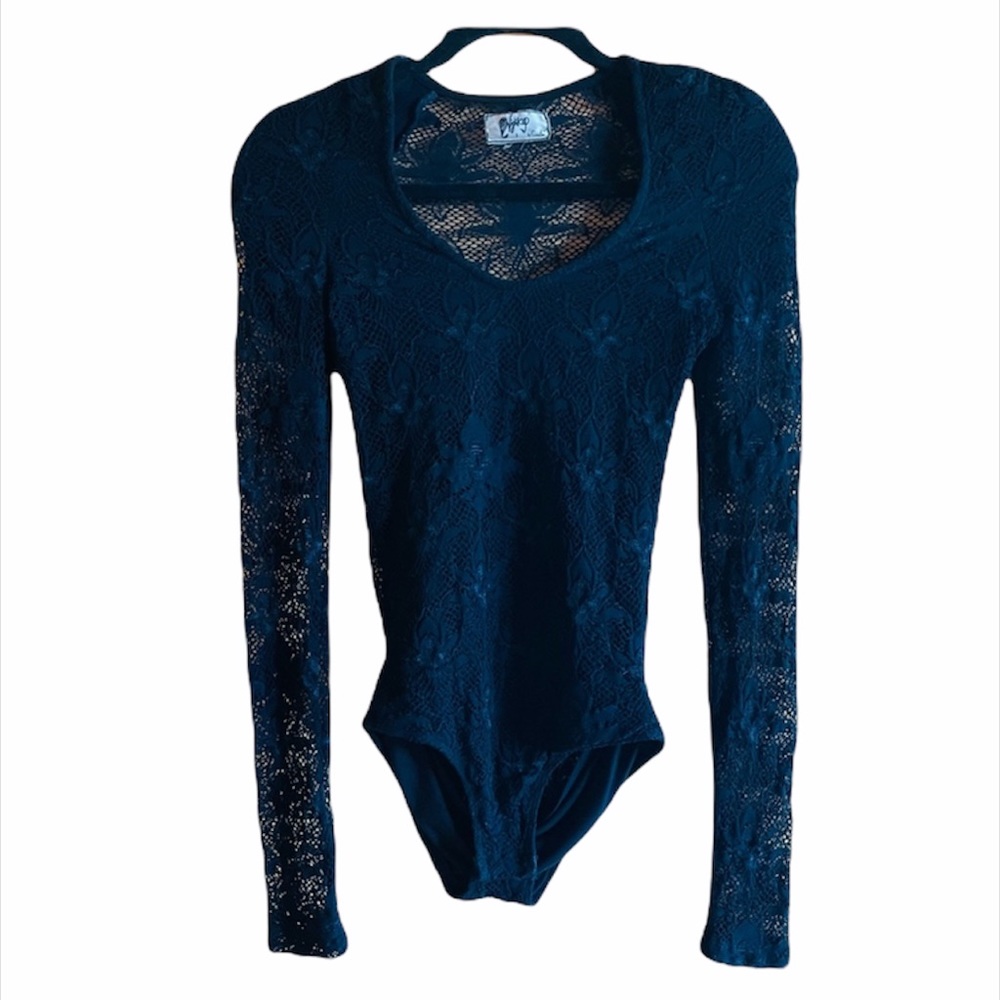Night Cap Clothing Black Sheer Lace Long Sleeve lined  Body Suit black orchids